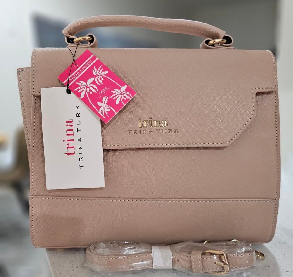 Trina Turks khaki leather top handle satchel messenger purse NWT $148 strap